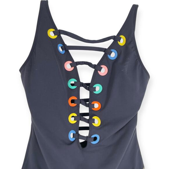 Bleu Rod Beattie Mio Black Rainbow Lattice Criss Cross Plunge Cut Out Swimsuit 6 - Picture 2 of 10